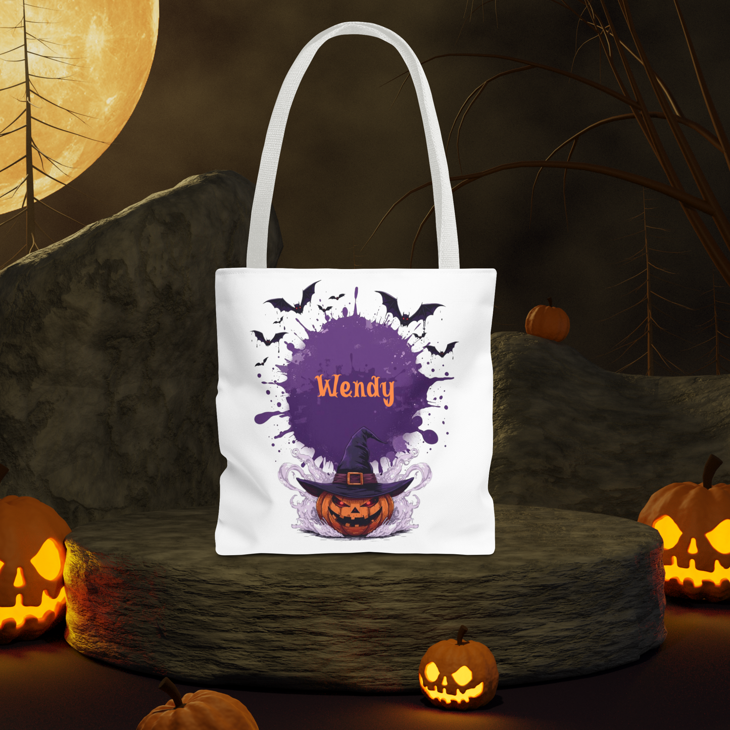 Custom Kids Halloween Trick or Treat Bag – Personalized Pumpkin Witch Hat Candy Tote – Children’s Halloween Gift, Reusable Candy Bag