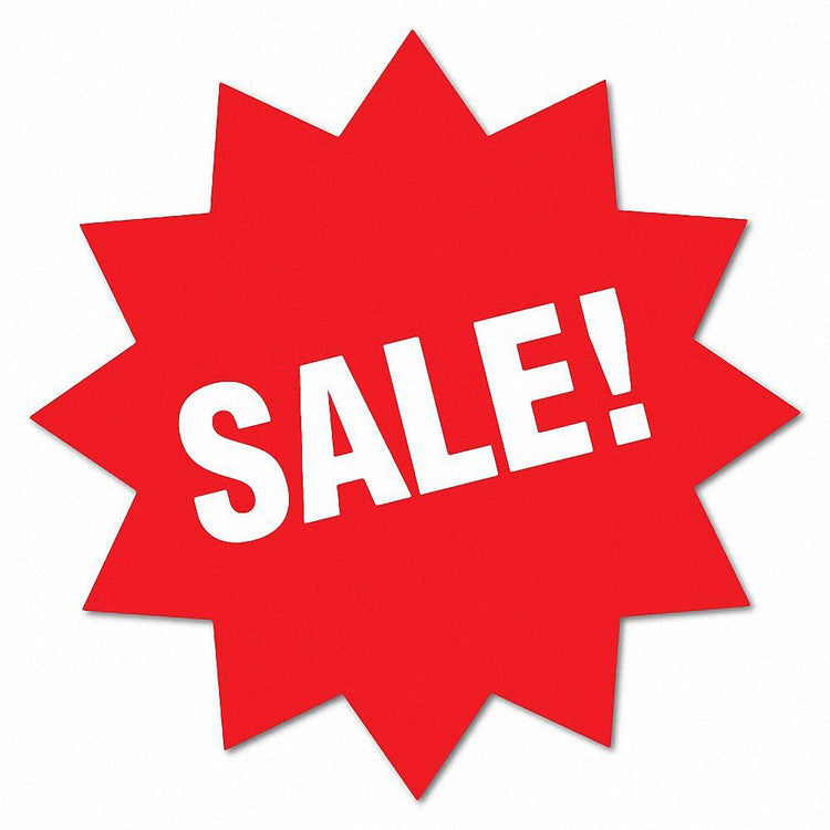 Bright red starburst with the word 'SALE!' in bold white letters, promoting discounts and special offers.