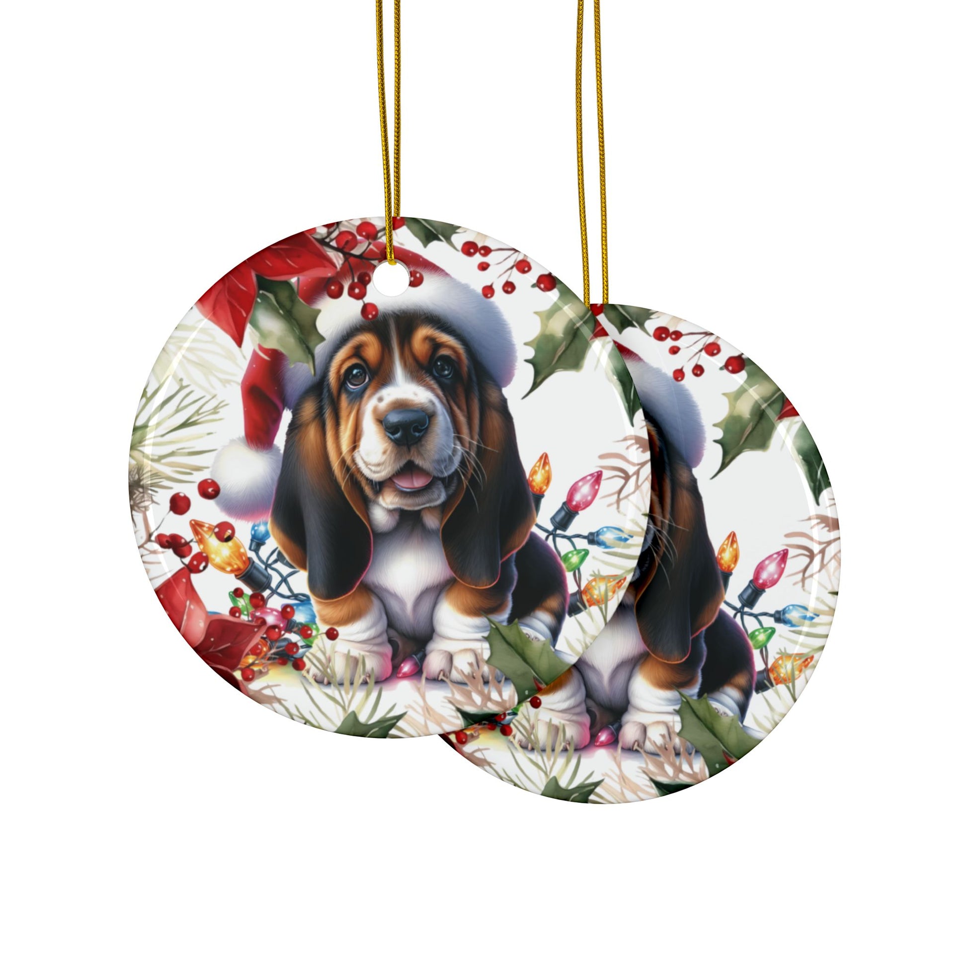 Basset Hound holiday ornaments featuring a cute puppy in a Santa hat surrounded by festive decorations.