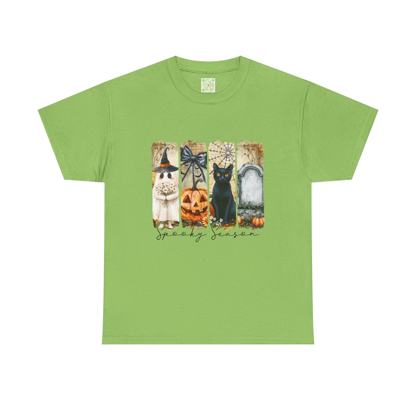 Cute green Halloween T-Shirt featuring a black cat, ghost, and pumpkin with 'Spooky Season' text.