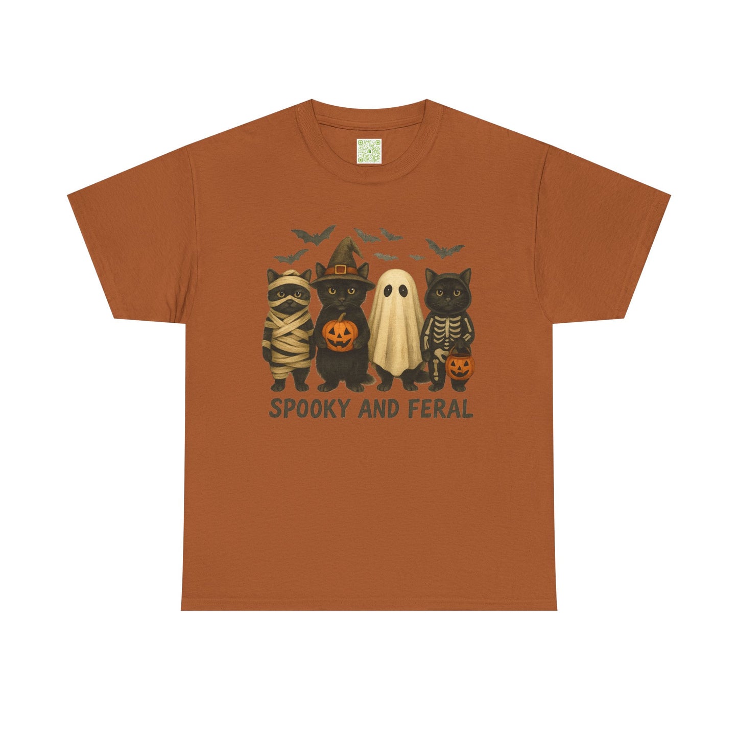 Spooky and Feral Halloween Black Cat Shirt – Cute Ghost, Witch, Skeleton & Mummy Cat Graphic Tee – Funny Spooky Season Cat Lover Gift