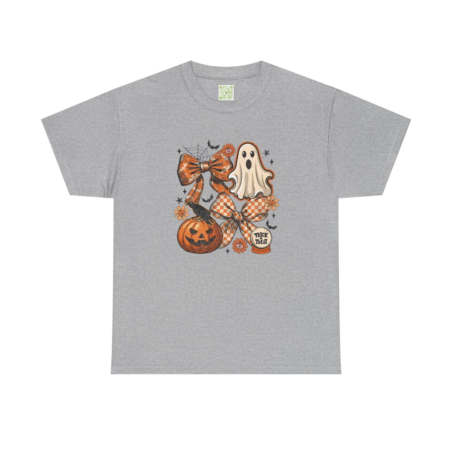 Vintage Coquette Halloween Tee featuring a ghost, pumpkin, and autumn bow on a gray shirt.
