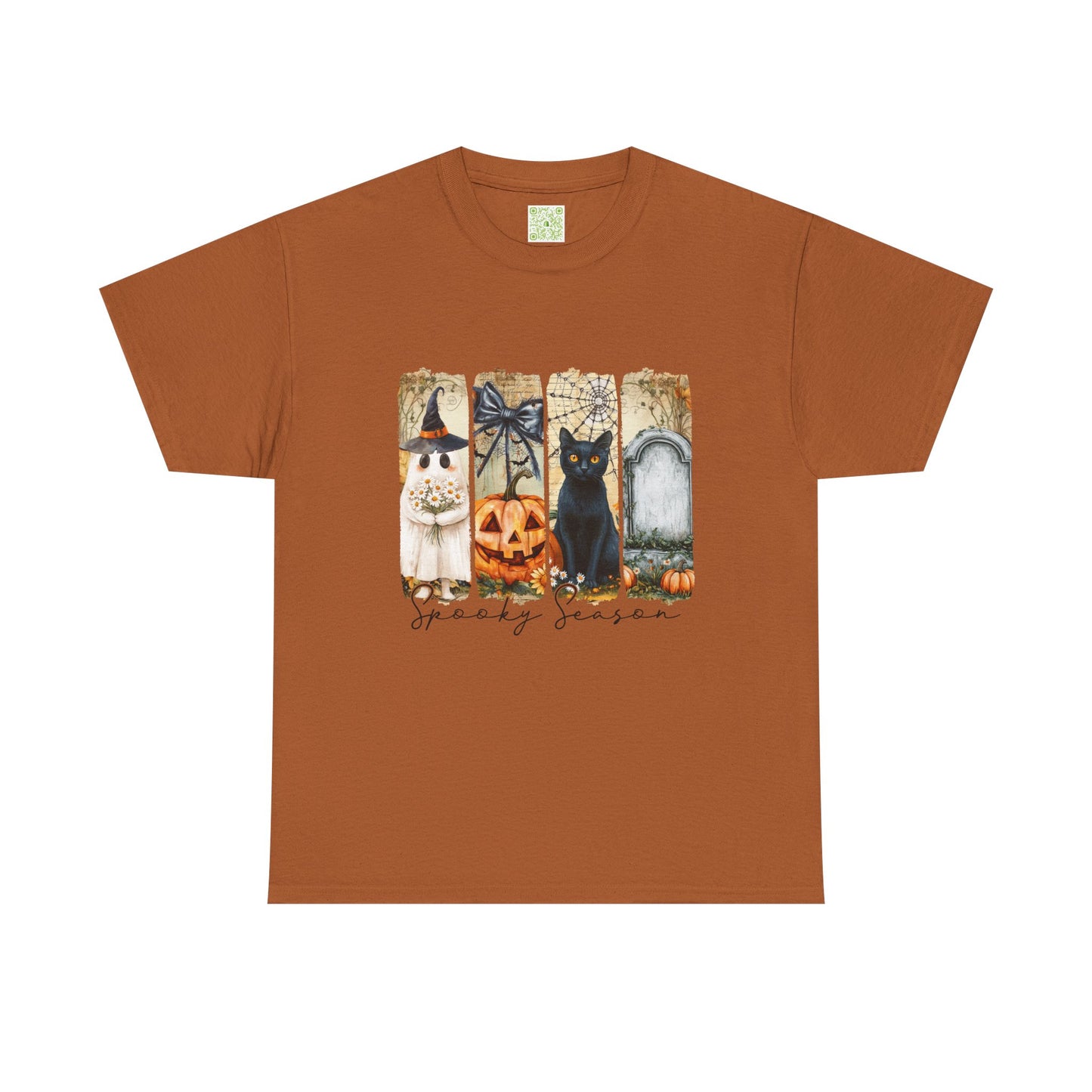 Halloween T-shirt featuring a cute black cat, pumpkin, and ghost design, perfect for the spooky season.