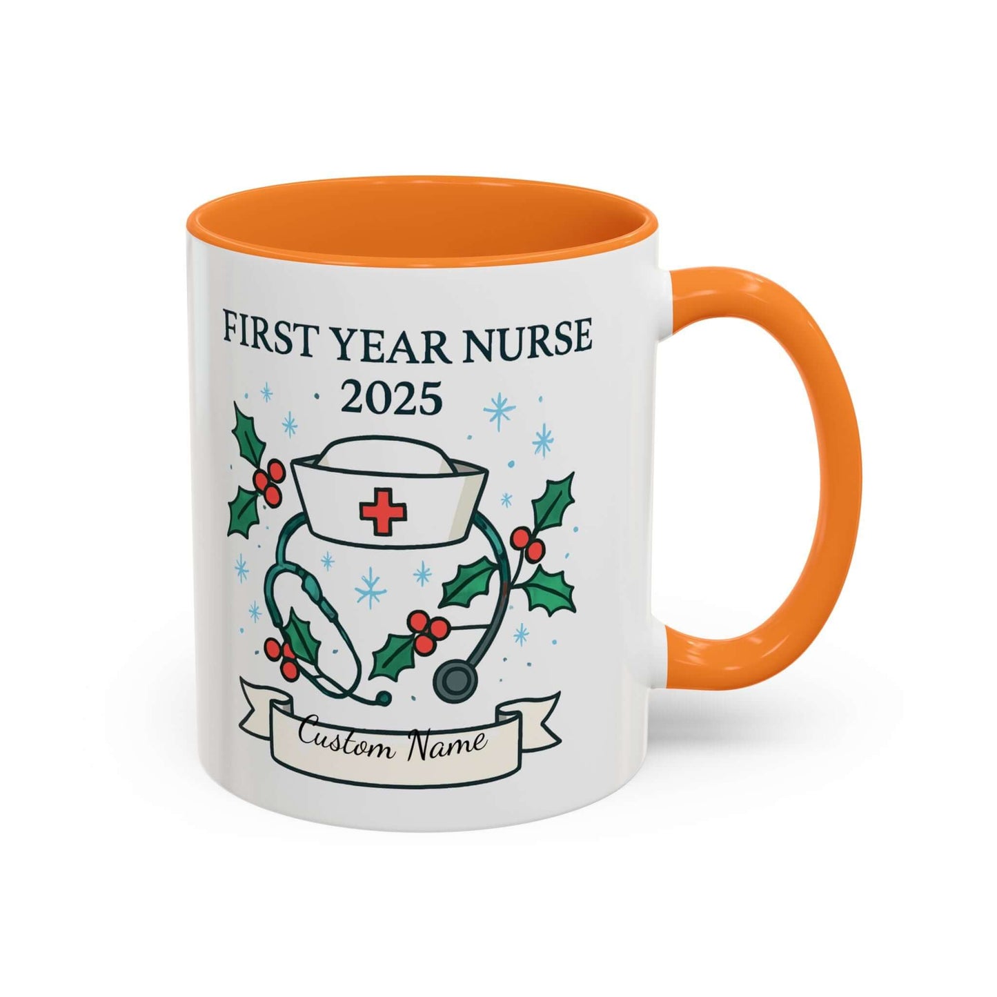 Personalized first year nurse mug with festive design and customizable name for 2025 graduation.