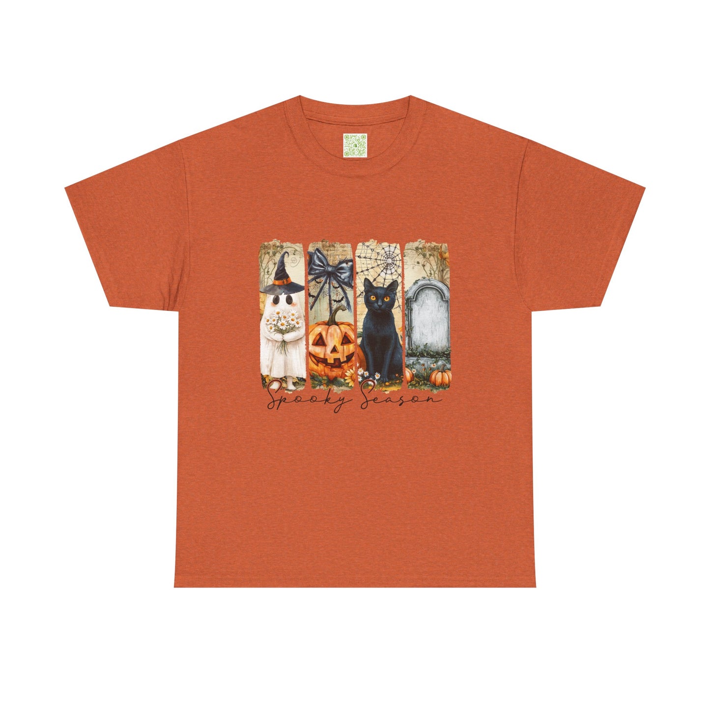 Halloween T-shirt featuring a black cat, pumpkin, ghost, and spooky season design on an orange background.