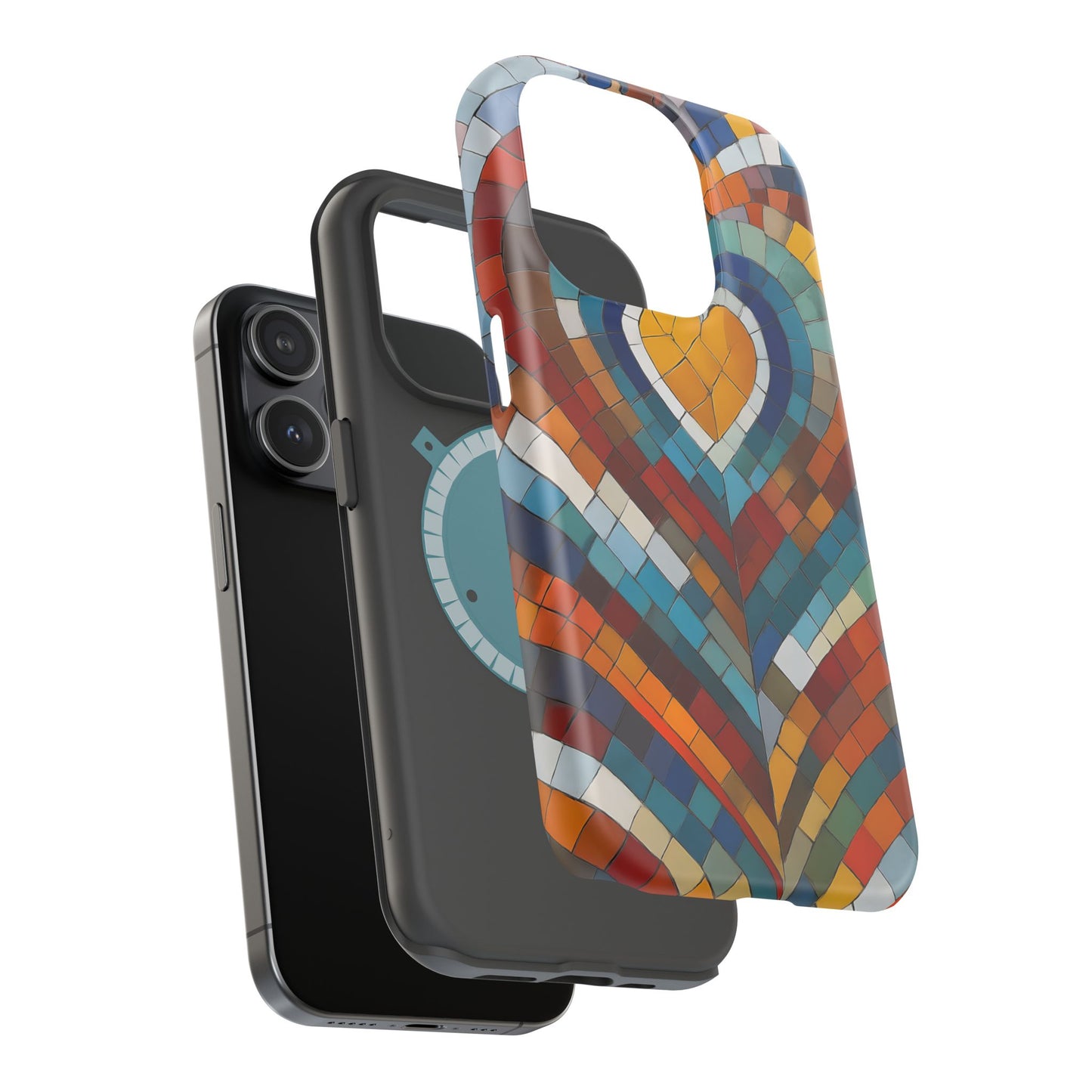 Magnetic Heart Mosaic iPhone Case, Faux Stained Glass, Trendy Phone Cover, Artistic Phone Case, Wireless Charging