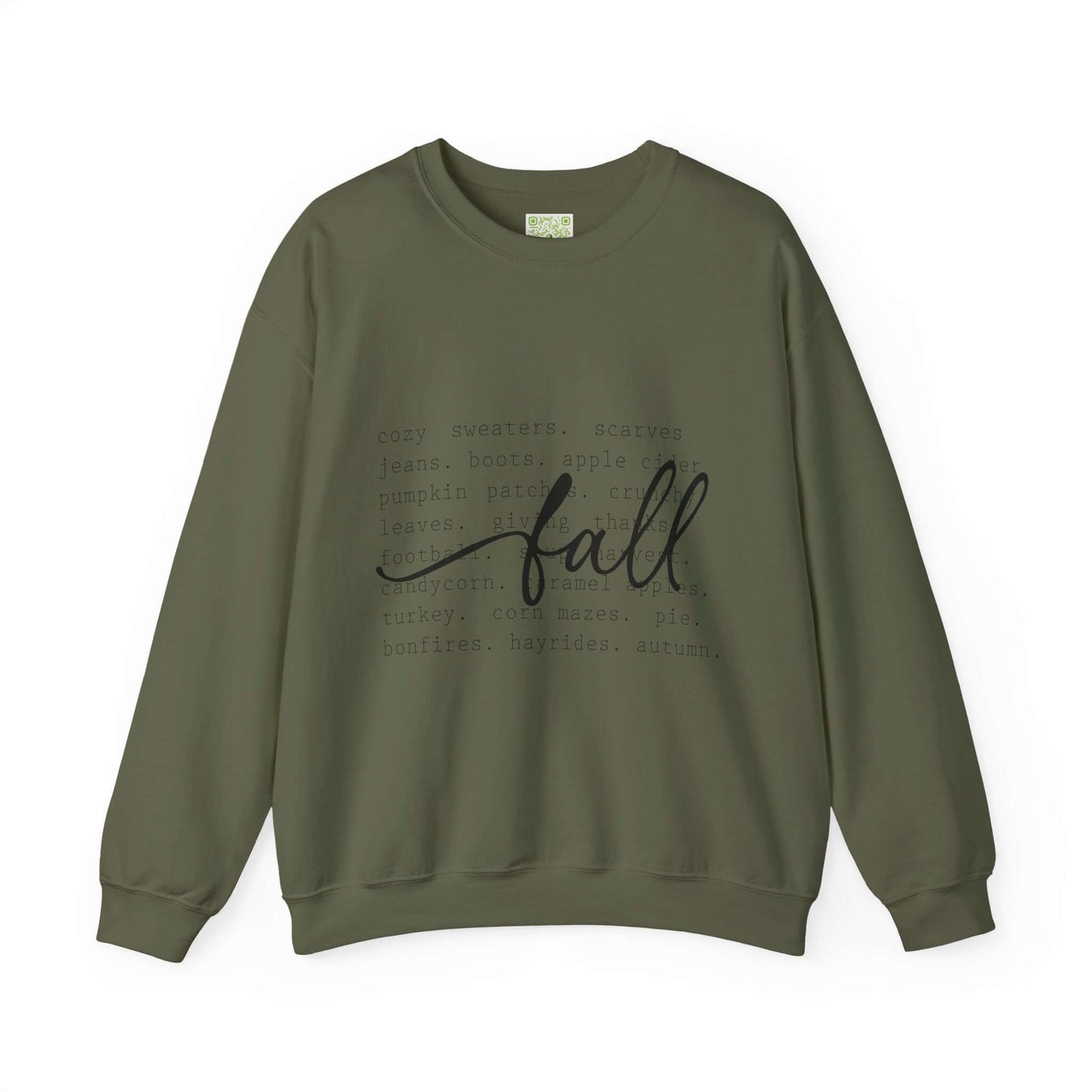 Cozy fall sweatshirt in olive green with stylish fall-themed typography for autumn lovers.