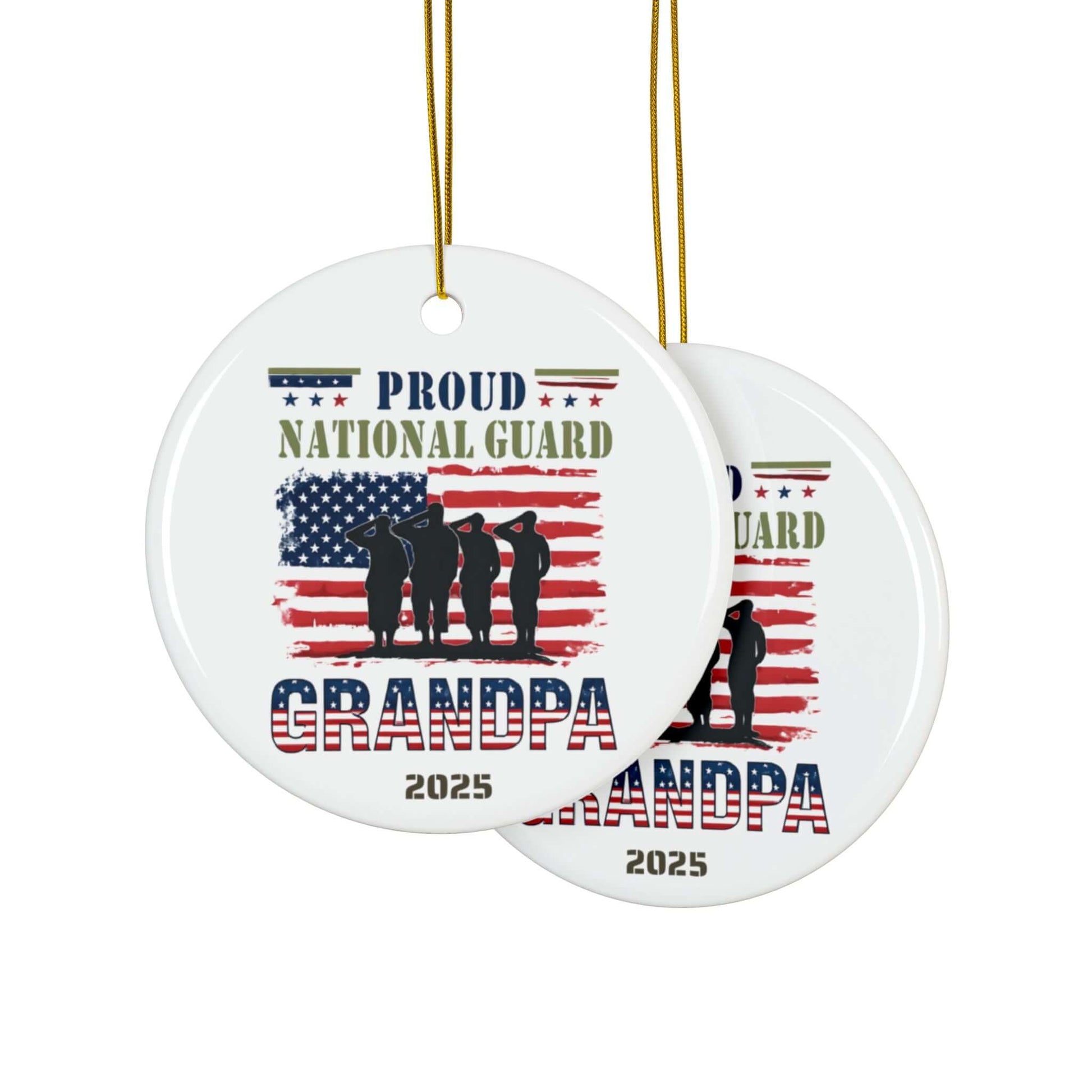 Proud Grandpa 2025 holiday ornament featuring National Guard theme, perfect keepsake for grandfathers.