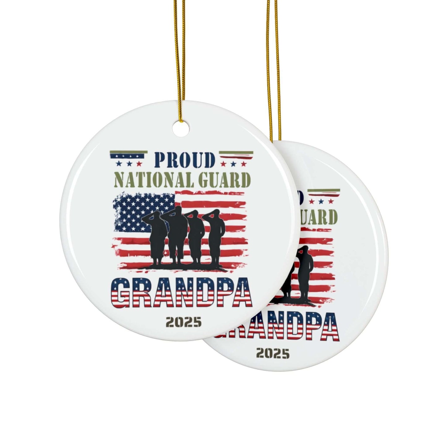 Proud Grandpa 2025 holiday ornament featuring National Guard theme, perfect keepsake for grandfathers.