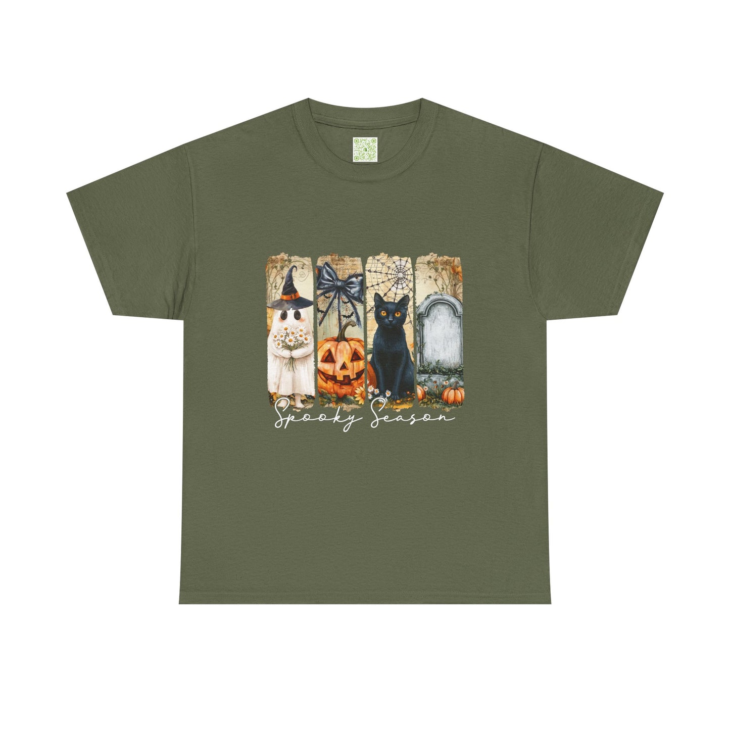 Halloween T-shirt with cute black cat, ghost, pumpkin, and spooky phrases in festive colors.