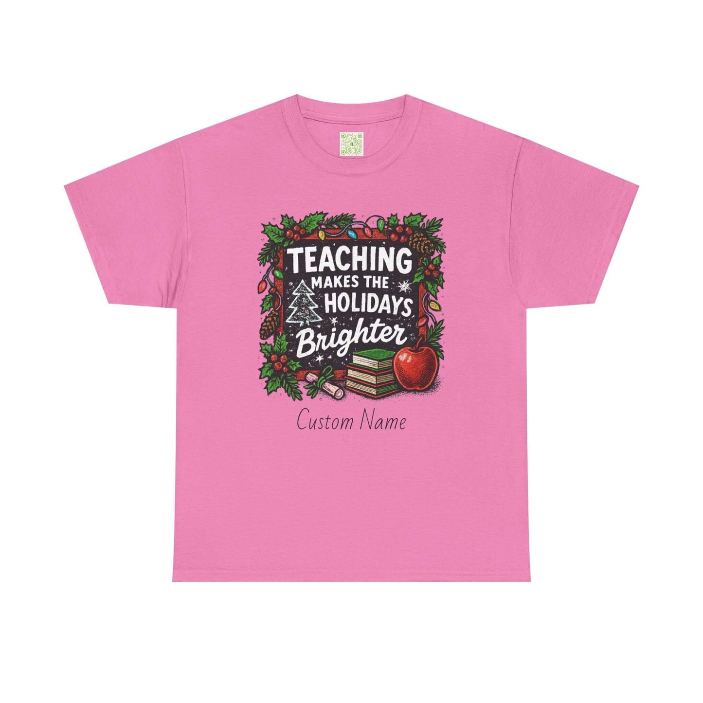 Personalized teacher holiday t-shirt in red with festive design and custom name. Perfect gift for teachers.