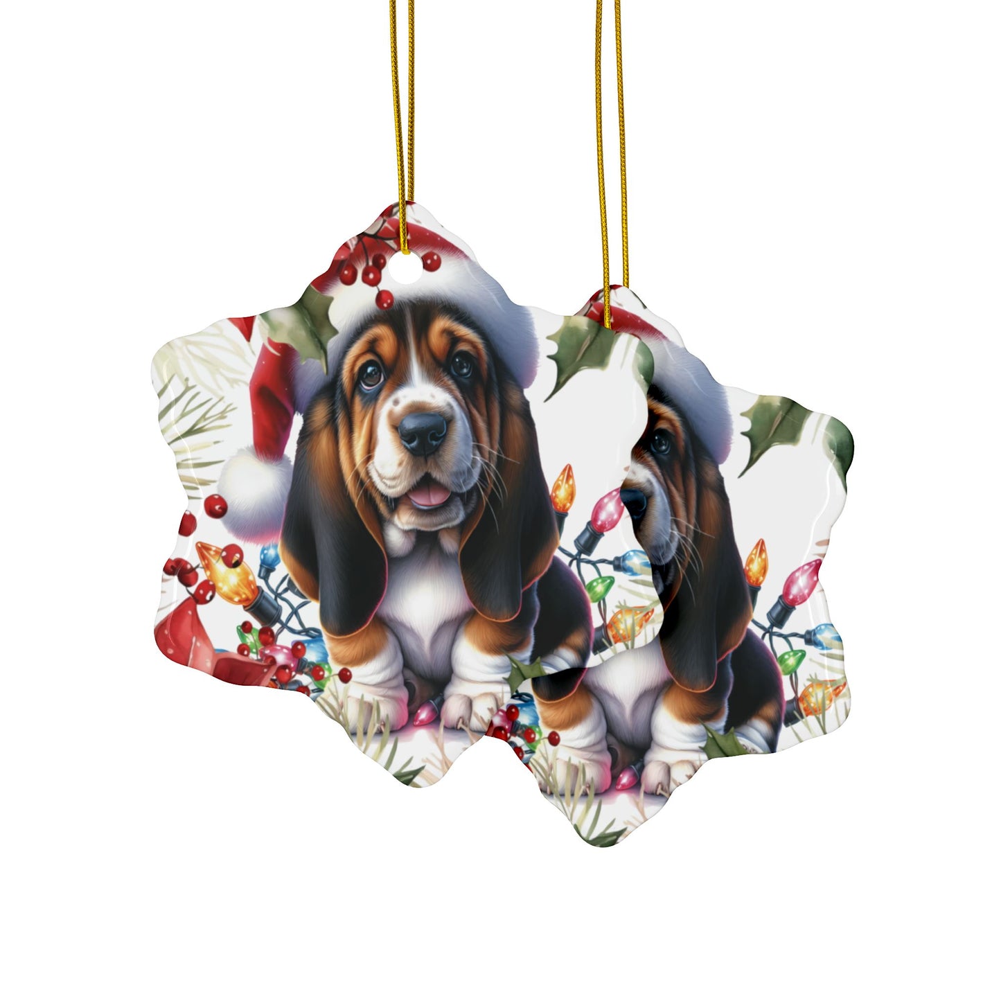 Basset Hound holiday ornaments featuring a cute dog in a Santa hat, perfect for dog lovers and festive decorations.