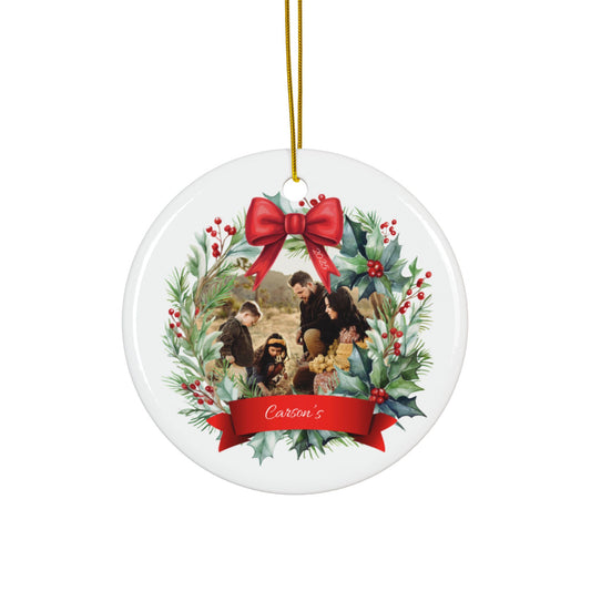 Personalized Family Photo Christmas Ornament 2025 Holiday Wreath Keepsake Custom Name Decoration with Red Bow