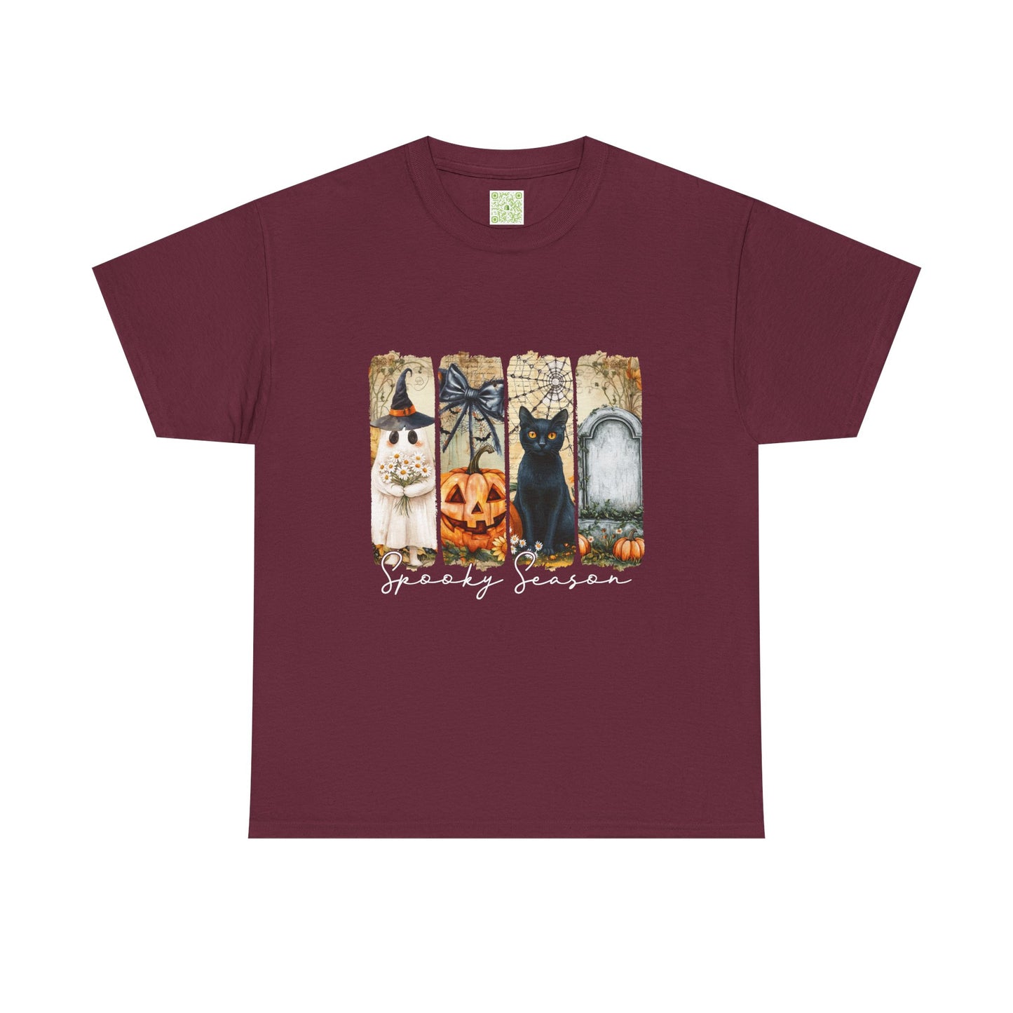 Halloween T-Shirt featuring a cute black cat, ghost, pumpkin, and the text 'Spooky Season' on a maroon background.