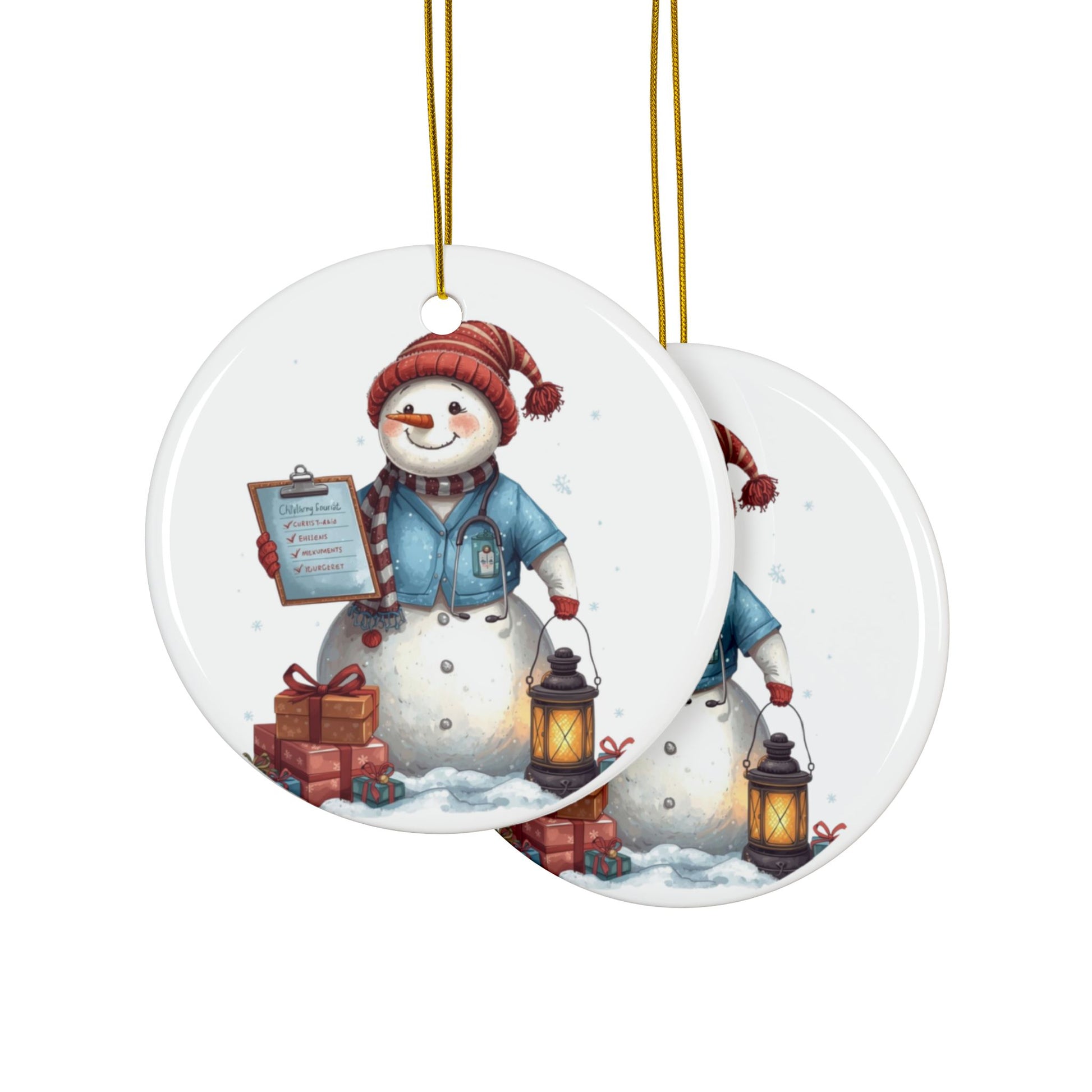 Snowman Nurse Christmas ornament with a clipboard, lantern, and gifts, celebrating the holiday season with a nursing theme.