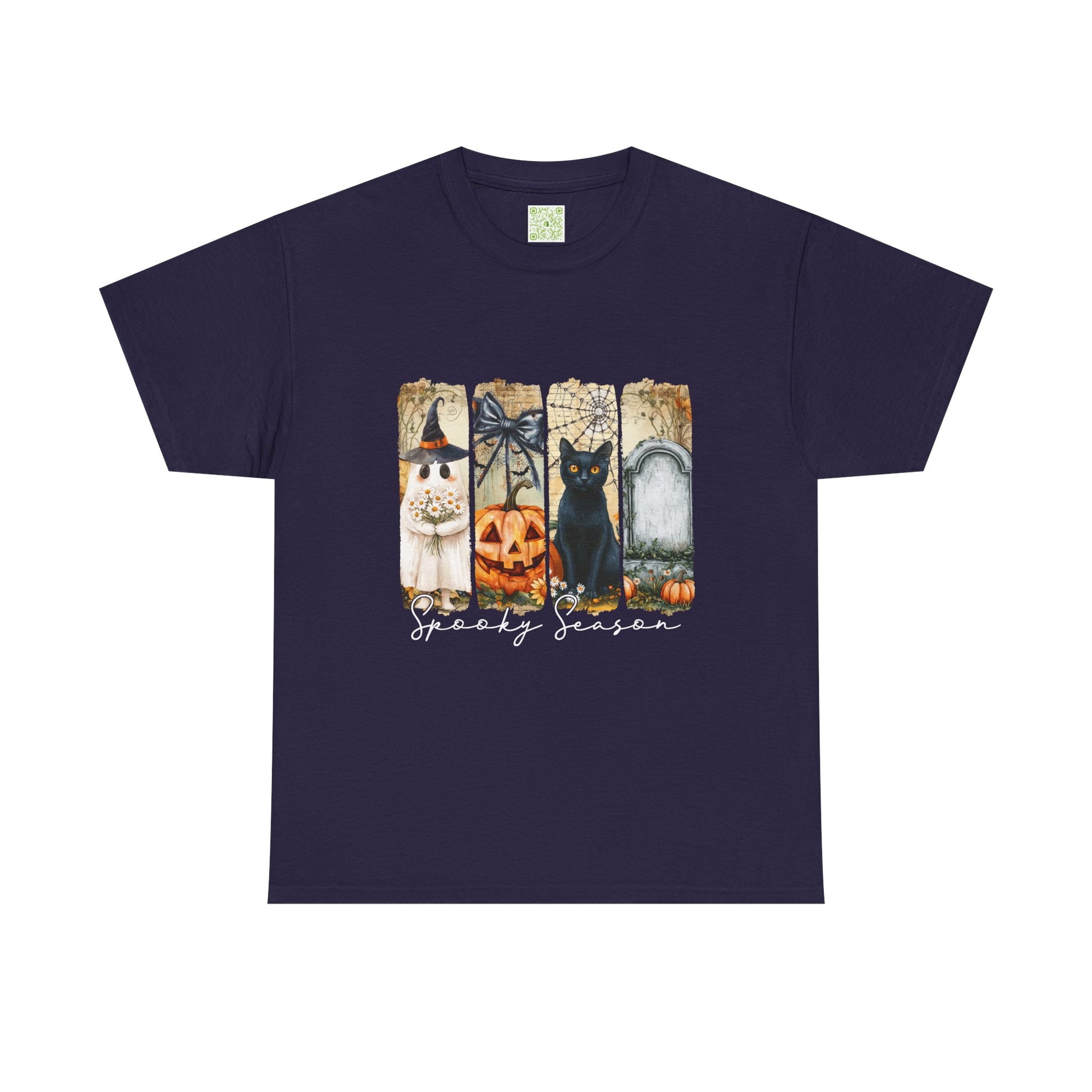 Cute Halloween t-shirt featuring a black cat, ghost, pumpkin, and spooky season design on a navy background.