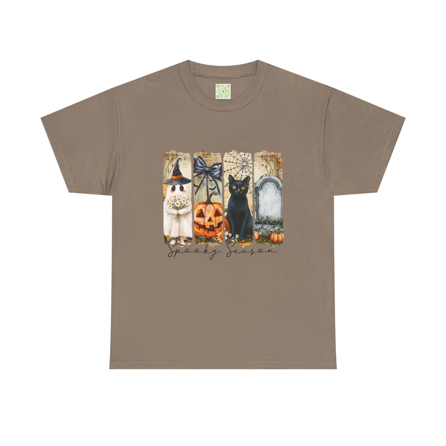 Halloween t-shirt featuring a cute black cat, pumpkin, ghost, and spooky season design.