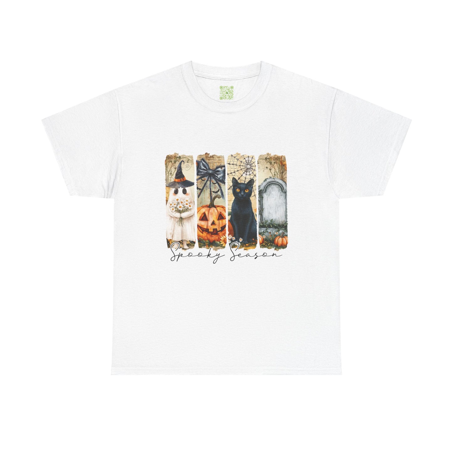 Cute Halloween T-Shirt featuring a black cat, ghost, pumpkin, and spooky decorations, perfect for Halloween festivities.