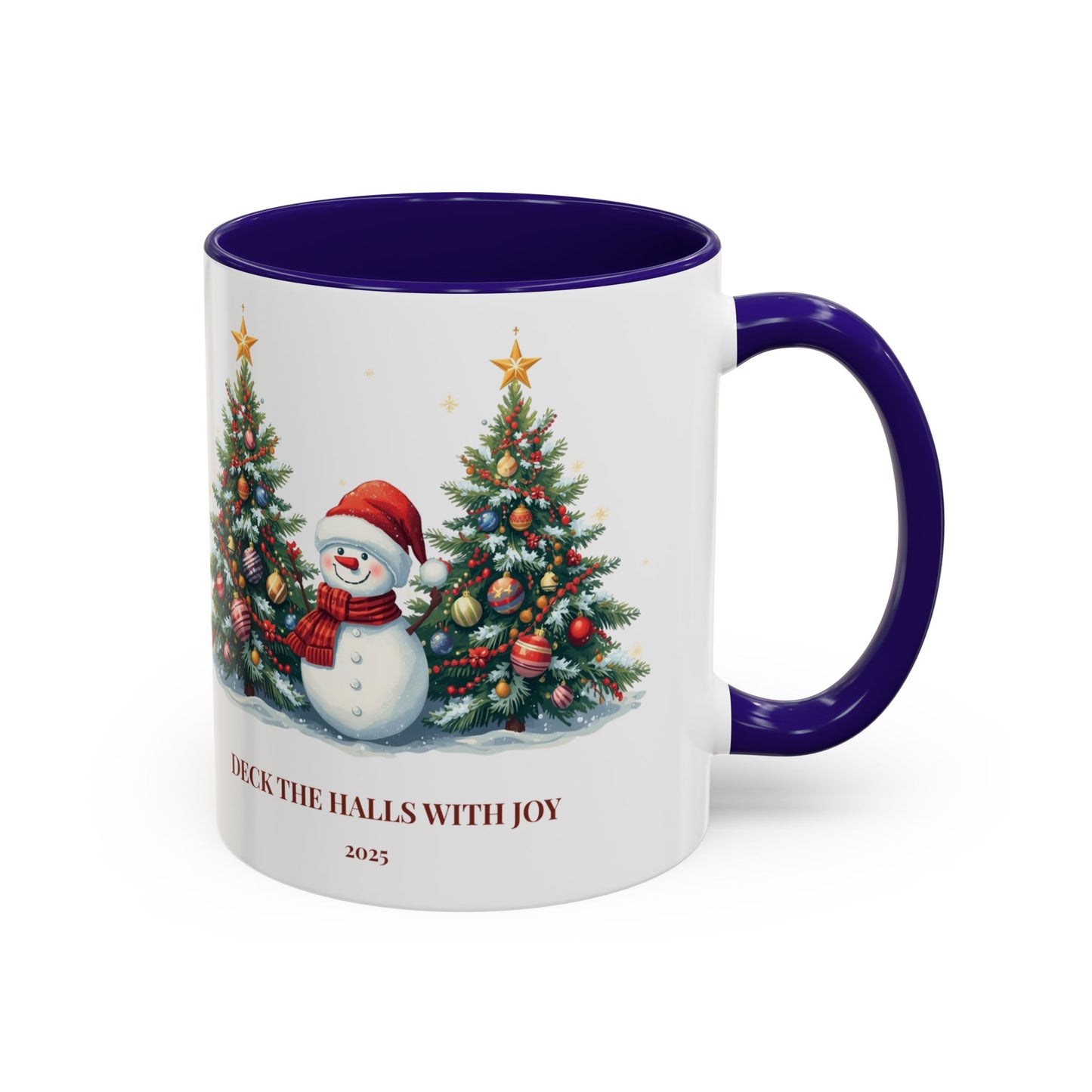 Christmas snowman mug with festive tree design, perfect for holiday drinks and cozy moments.