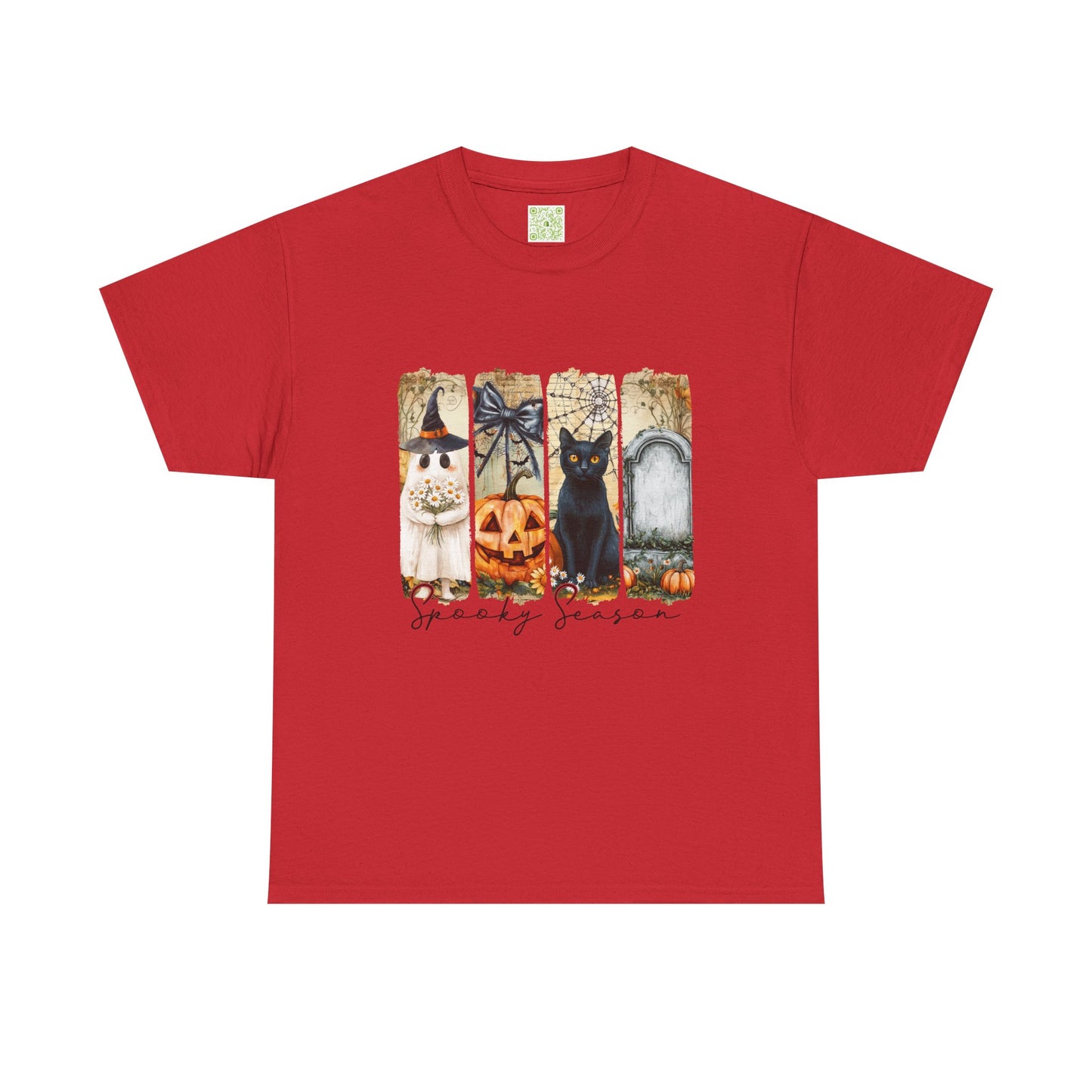 Cute Halloween T-shirt featuring a black cat, ghost, pumpkin, and spooky decorations on a red background.
