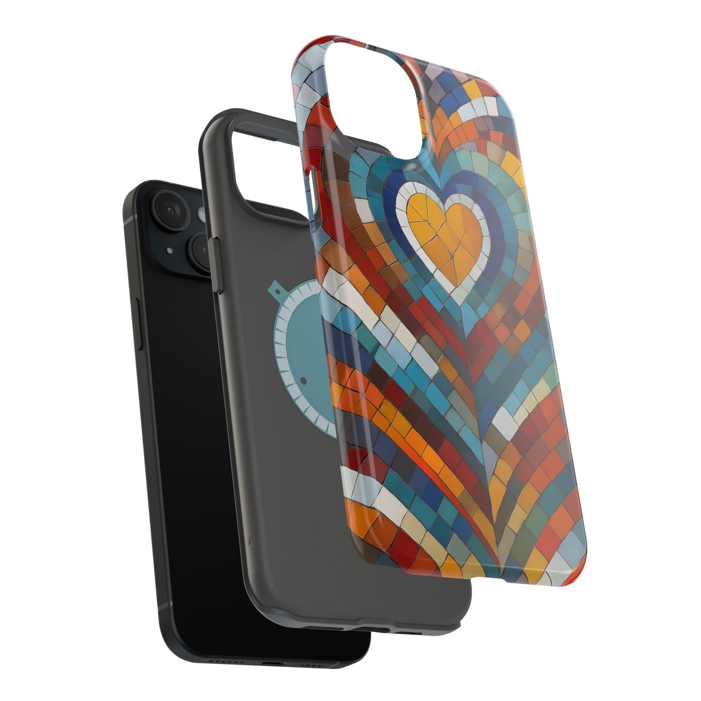 Magnetic Heart Mosaic iPhone Case, Faux Stained Glass, Trendy Phone Cover, Artistic Phone Case, Wireless Charging