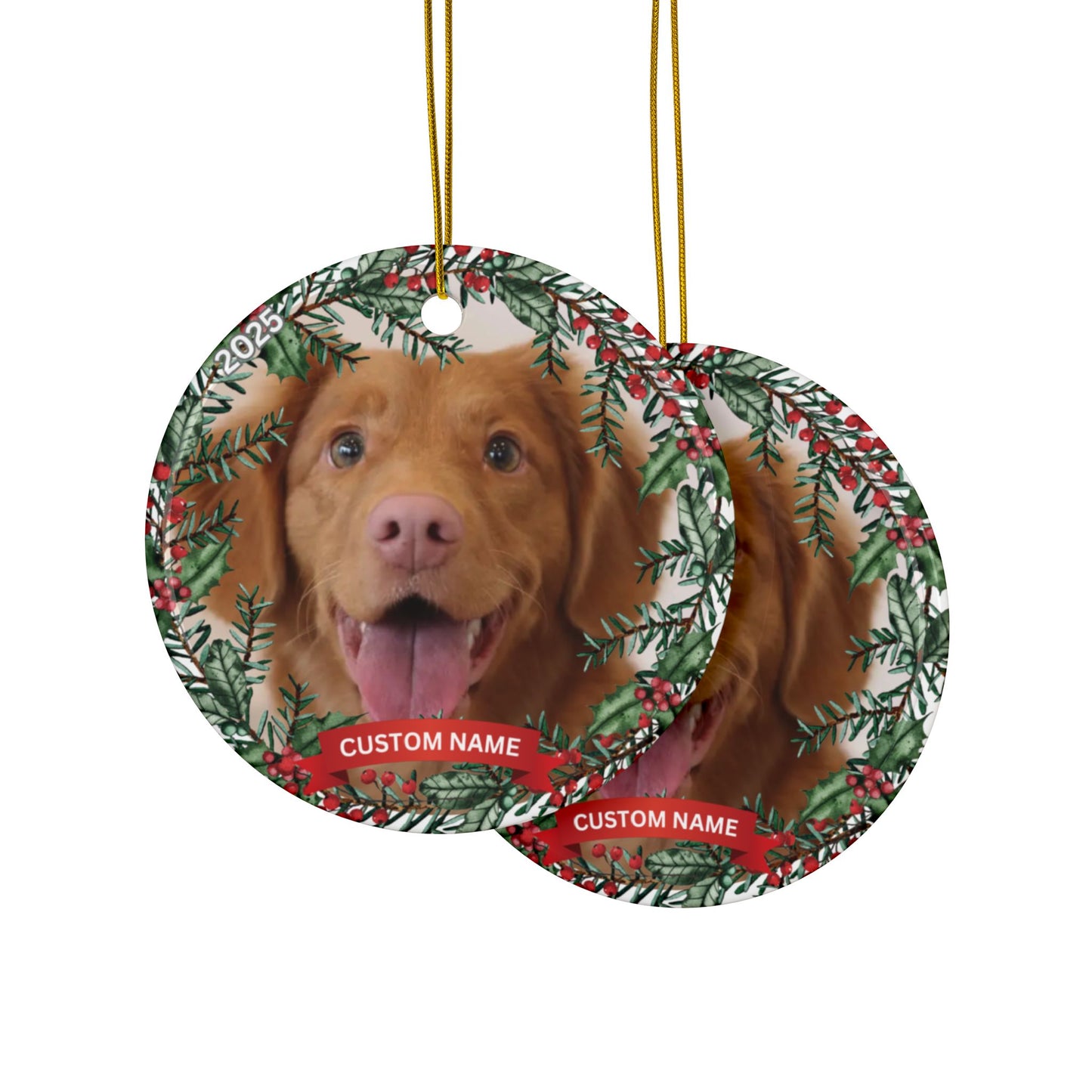 Personalized Dog Photo Ornament, Custom Pet Name Christmas Ornament, Round Ceramic Dog Keepsake, Photo Ornament with Year
