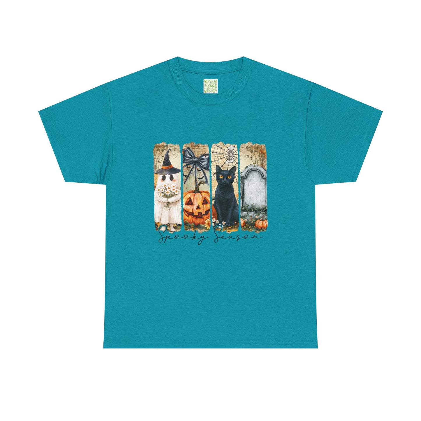 Cute Halloween T-Shirt featuring a black cat, pumpkin, ghost, and spooky season designs, perfect for Halloween fans.