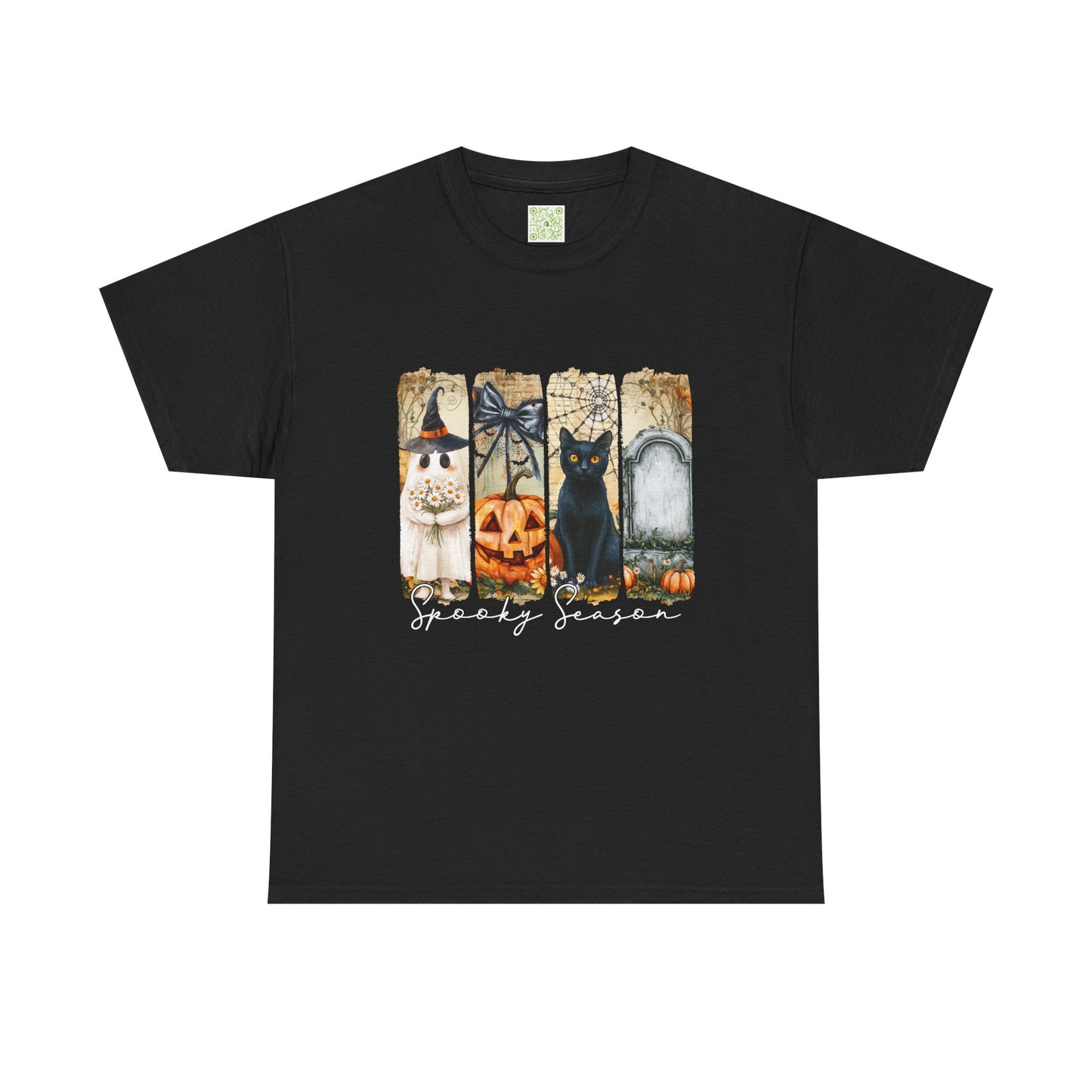 Halloween T-Shirt featuring cute black cat, pumpkin, and ghost in spooky season theme.