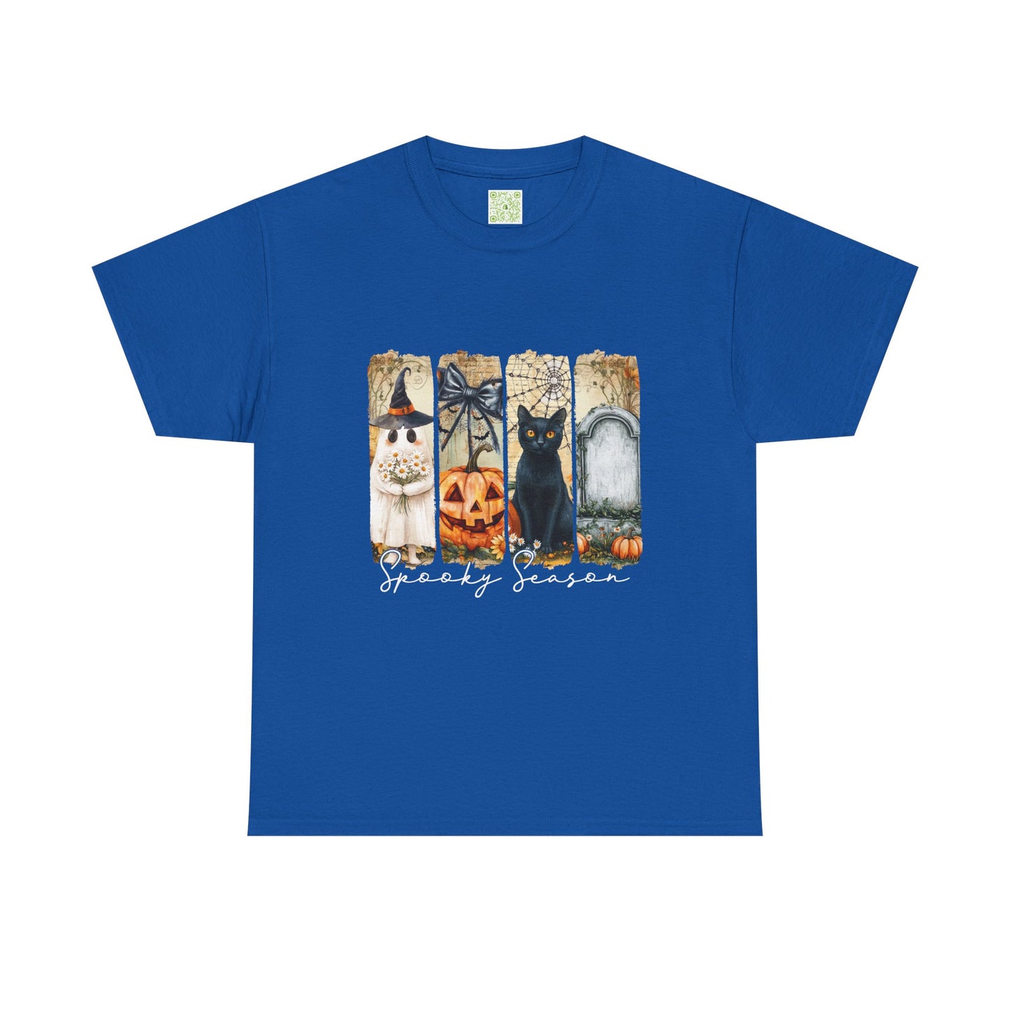 Spooky Season Halloween T-Shirt featuring a black cat, ghost, and pumpkin on a blue background.