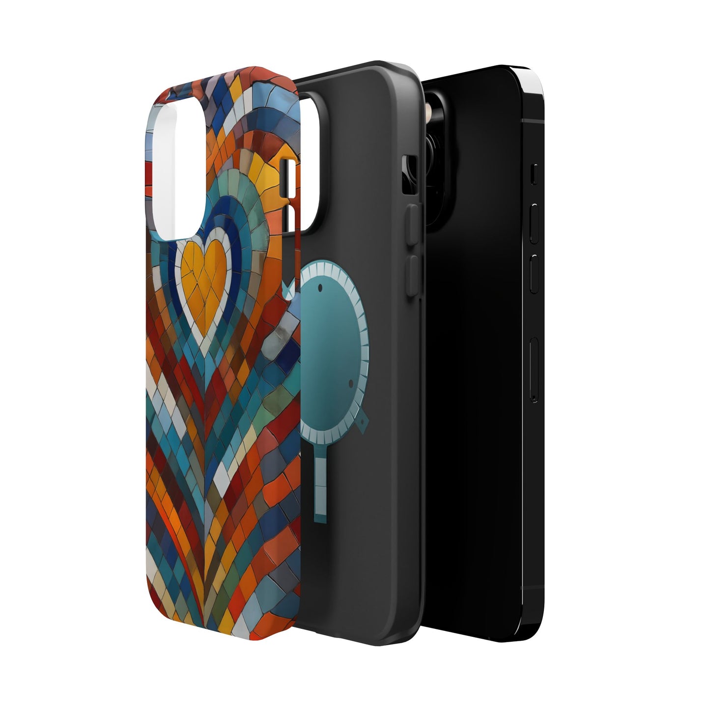 Magnetic Heart Mosaic iPhone Case, Faux Stained Glass, Trendy Phone Cover, Artistic Phone Case, Wireless Charging