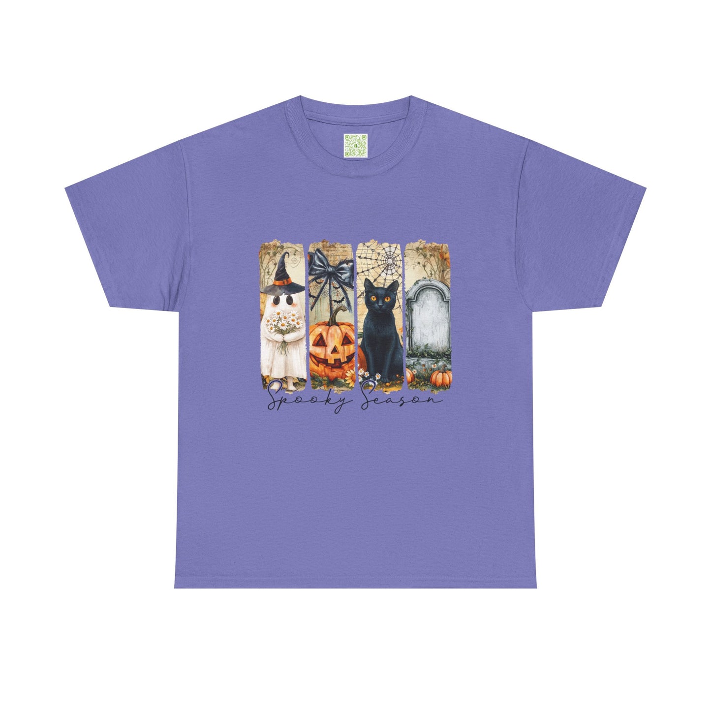 Halloween T-shirt featuring a cute black cat, ghost, pumpkin, and spooky season theme on a purple background.