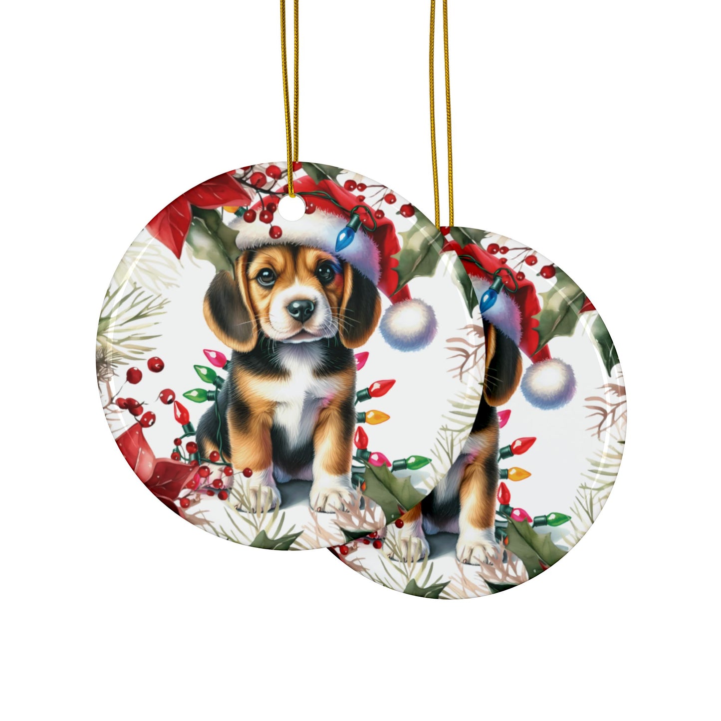 Beagle puppy holiday ornament with Santa hat, surrounded by festive decorations for dog lovers and Beagle moms.