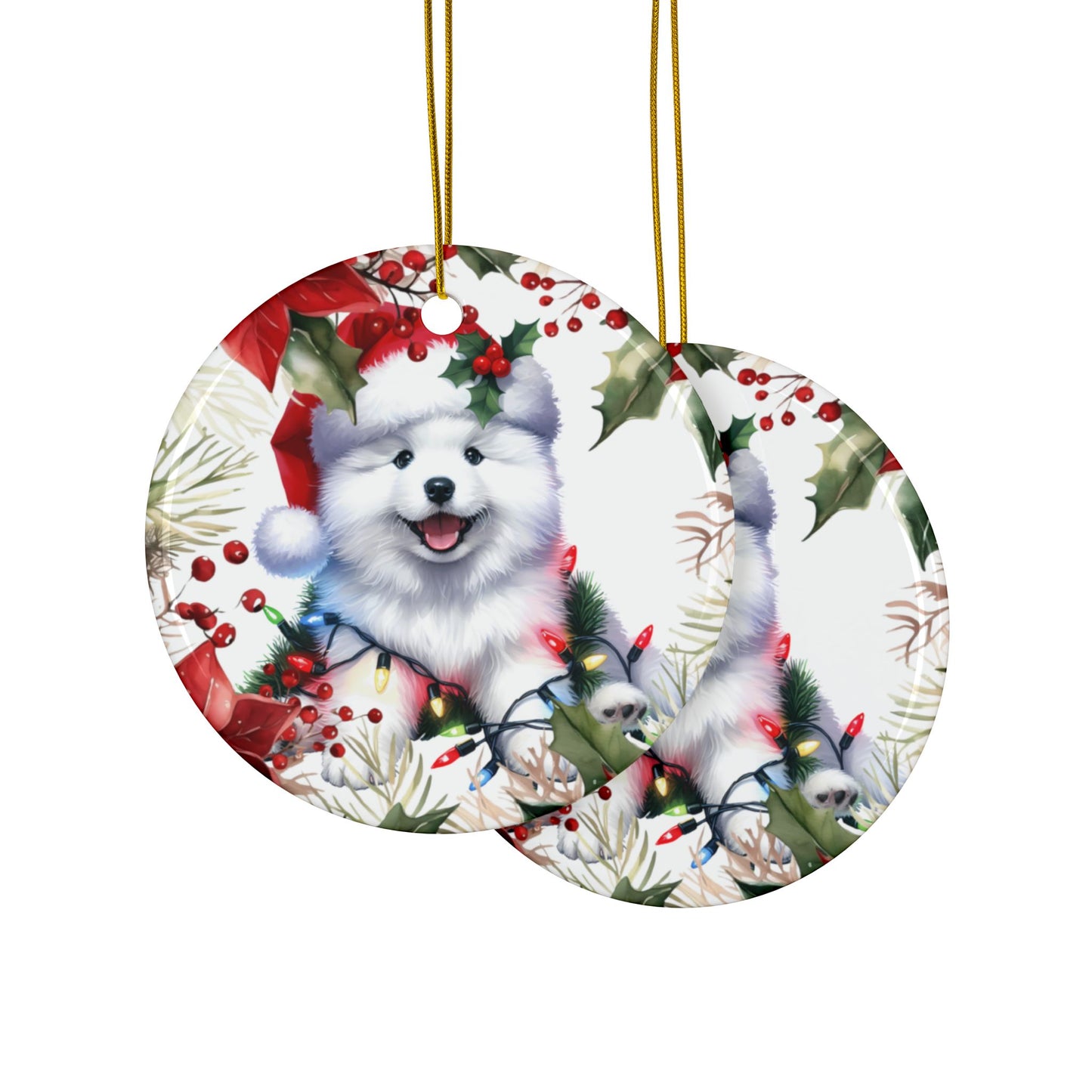 American Eskimo puppy holiday ornaments featuring festive decorations and vibrant colors, perfect for Christmas decor.