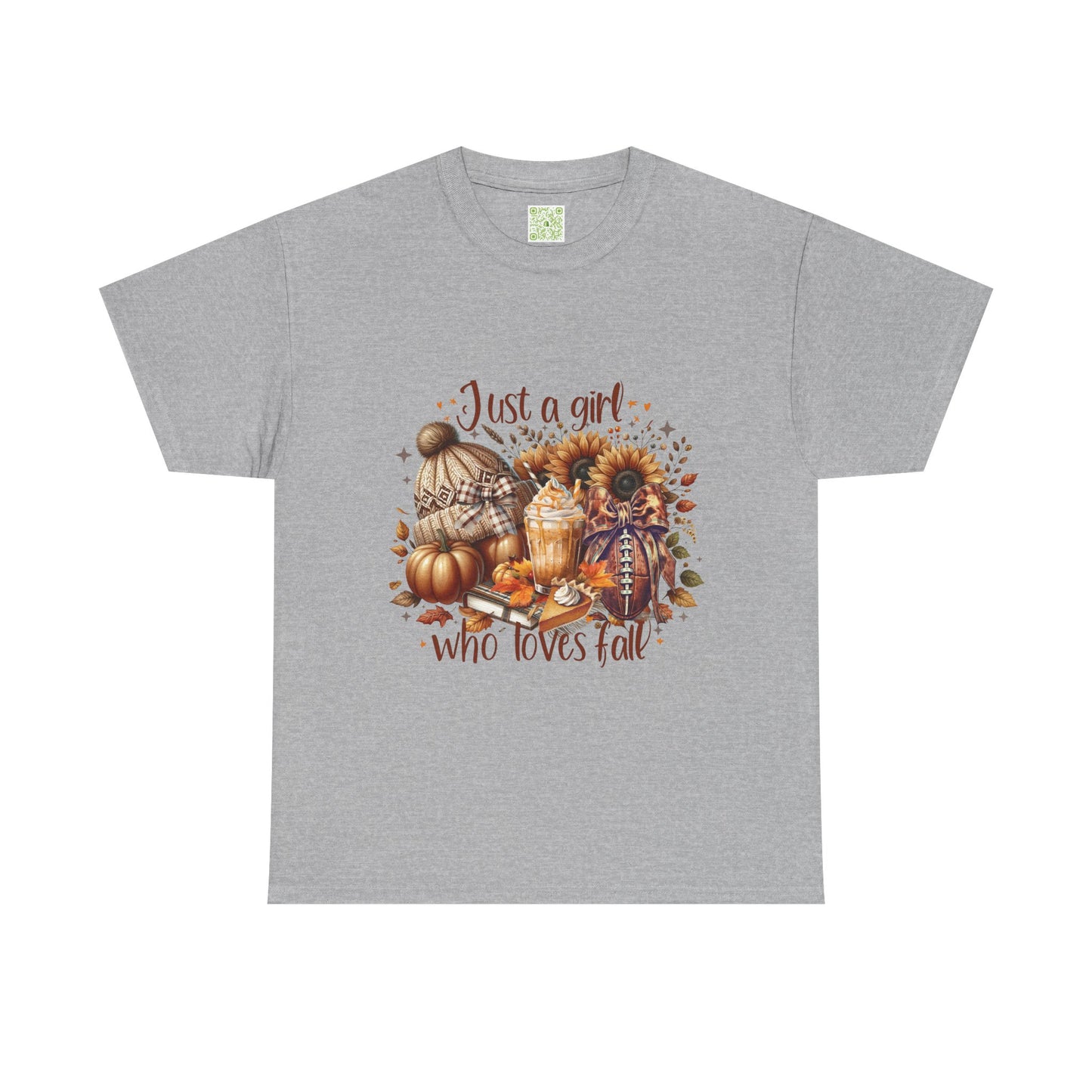  Fall-themed unisex tee featuring 'Just a Girl Who Loves Fall' design, perfect for autumn wear.