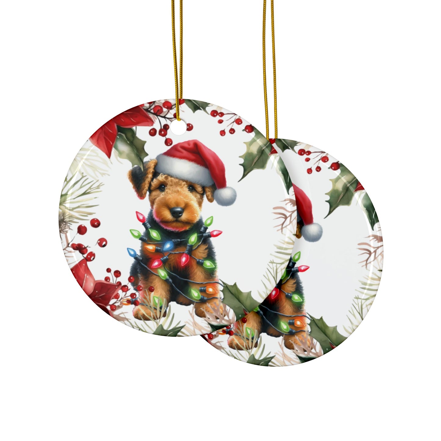 Airedale Terrier holiday ornament featuring a puppy in a Santa hat with Christmas lights, perfect for dog lovers.