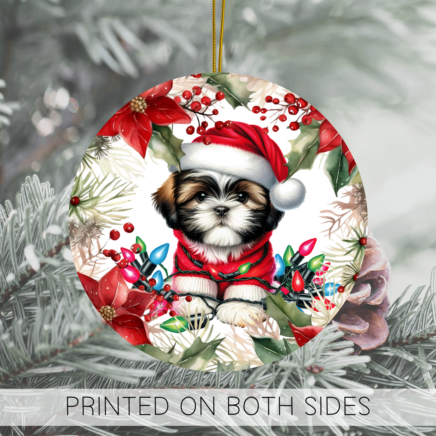 Shih Tzu Holiday Ornament, Christmas Ornament, Round Ornament, Shih Tzu Lover, Shih Tzu Dog, Ceramic Hanging Ornament