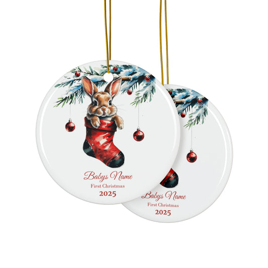 Custom Baby’s First Christmas Ornament 2025, Cute Bunny in Stocking, Personalized Name Keepsake, New Parent Gift, Baby’s 1st Xmas