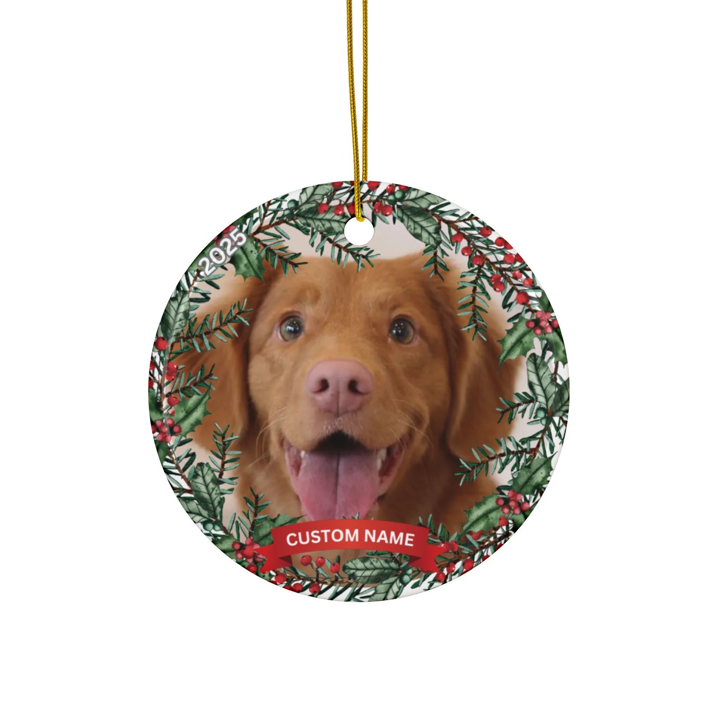 Personalized Dog Photo Ornament, Custom Pet Name Christmas Ornament, Round Ceramic Dog Keepsake, Photo Ornament with Year