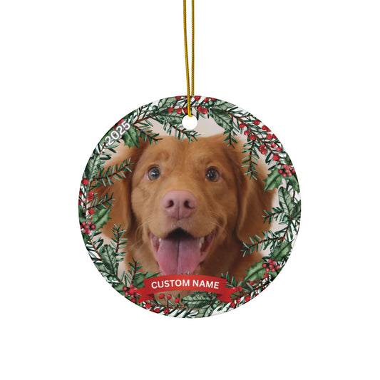 Personalized Dog Photo Ornament, Custom Pet Name Christmas Ornament, Round Ceramic Dog Keepsake, Photo Ornament with Year