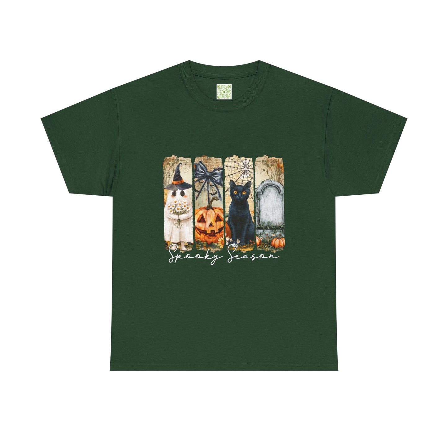 Cute black cat Halloween t-shirt featuring ghost, pumpkin, and spooky season theme on a green backdrop.