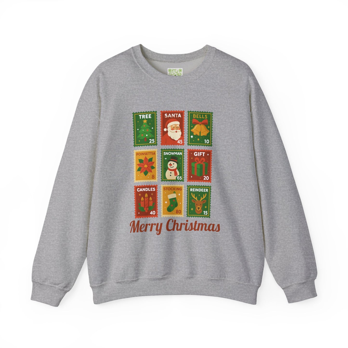 Postage stamp Christmas sweater in forest green featuring holiday designs and 'Merry Christmas' text