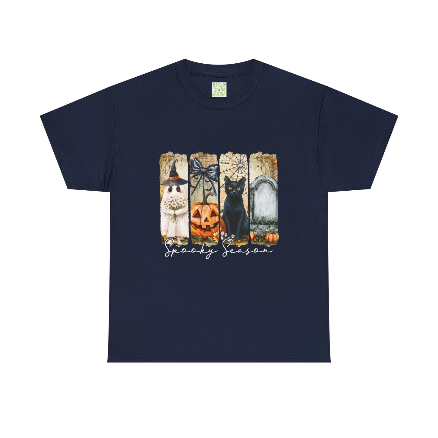 Cute Halloween T-shirt featuring a black cat, pumpkin, ghost, and spooky decor. Perfect for Halloween enthusiasts!