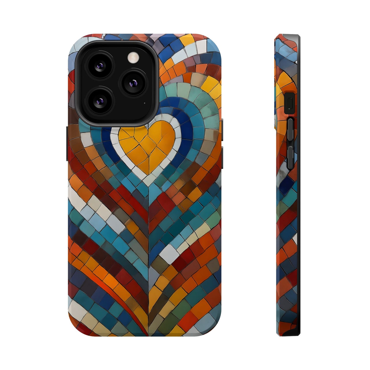 Magnetic Heart Mosaic iPhone Case, Faux Stained Glass, Trendy Phone Cover, Artistic Phone Case, Wireless Charging