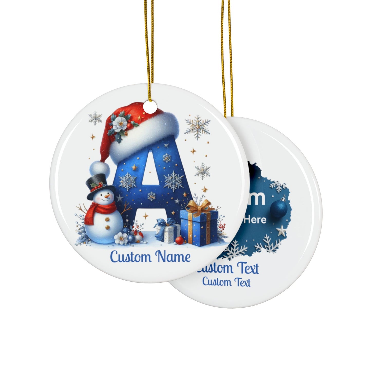 Personalized Photo Name Ornament featuring Letter A with snowman and festive decorations for holiday celebrations.