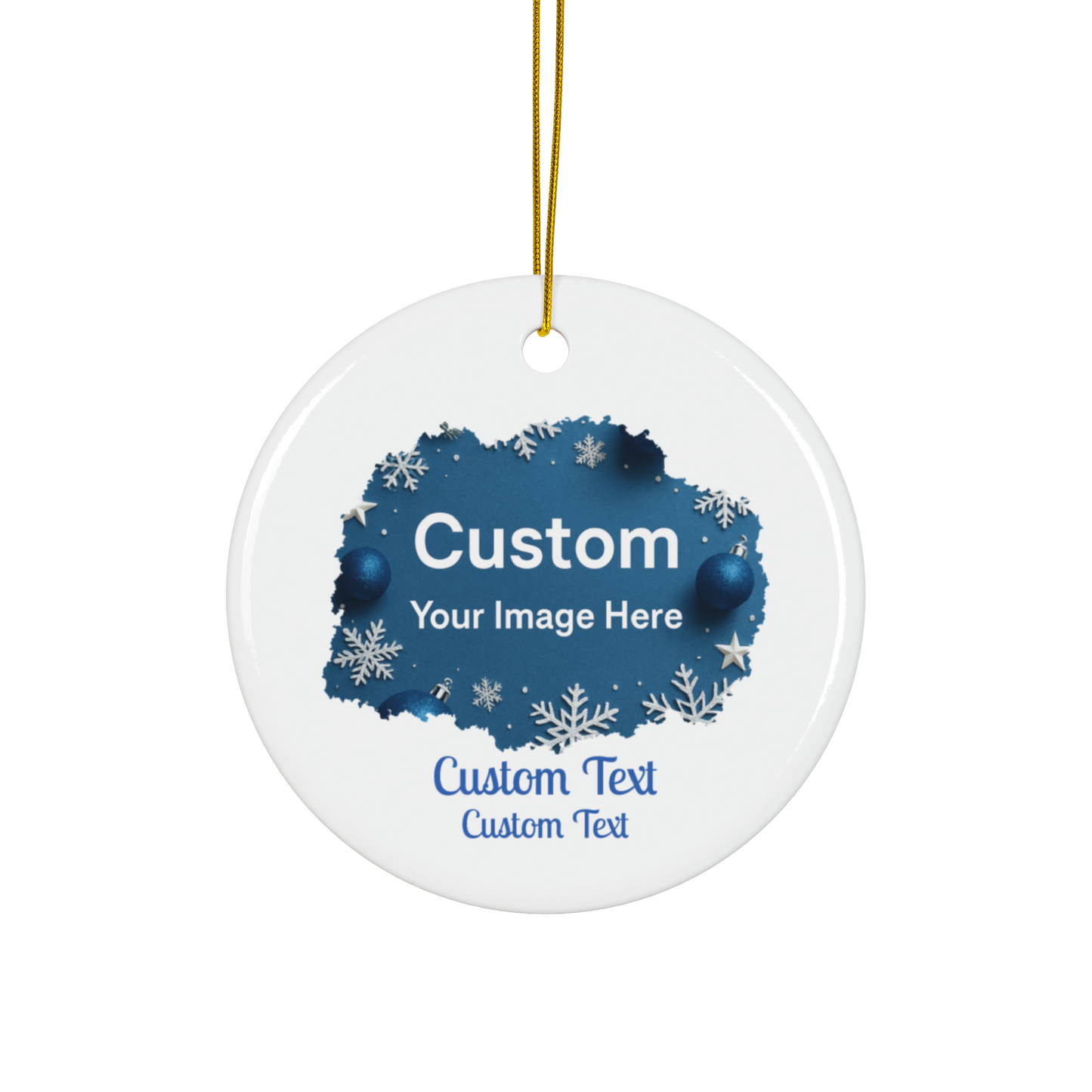 Personalized photo ornament featuring blue snowflakes and custom text for holiday celebrations.
