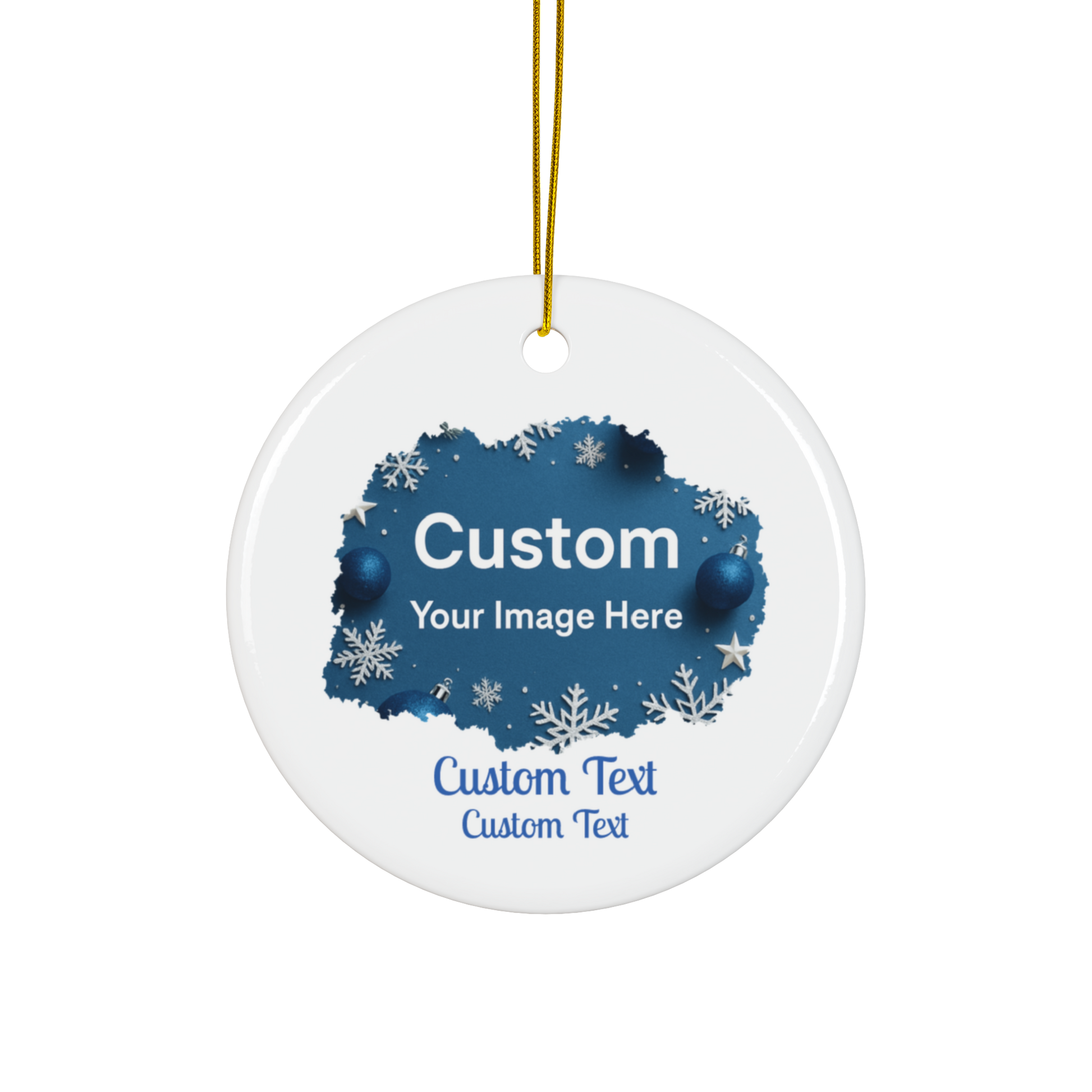 Personalized photo ornament featuring blue snowflakes and custom text for holiday celebrations.