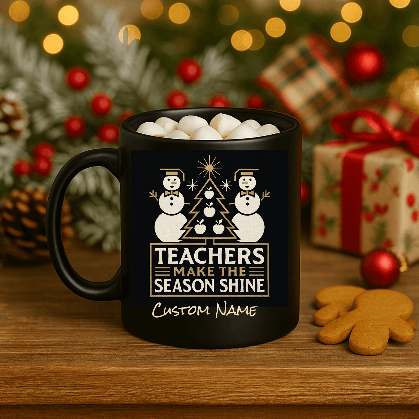 Customizable black mug featuring snowmen and the text 'Teachers Make the Season Shine' with holiday decorations.