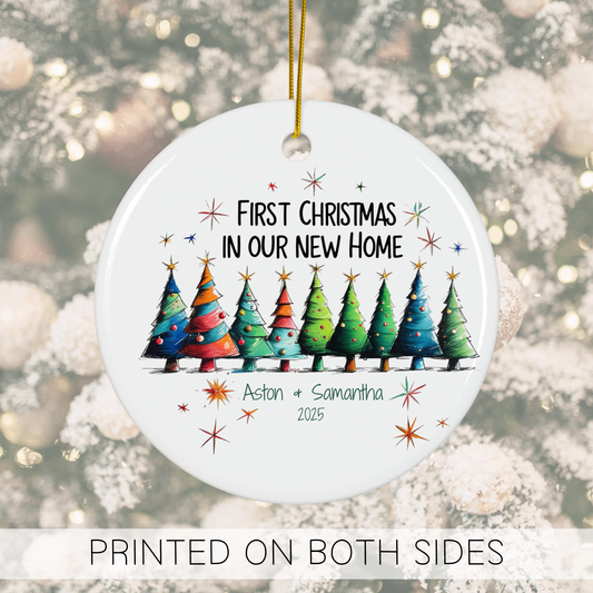 Personalized New Home Ornament – First Christmas Colorful Christmas Trees Keepsake – Realtor Closing Gift, Housewarming Holiday Décor