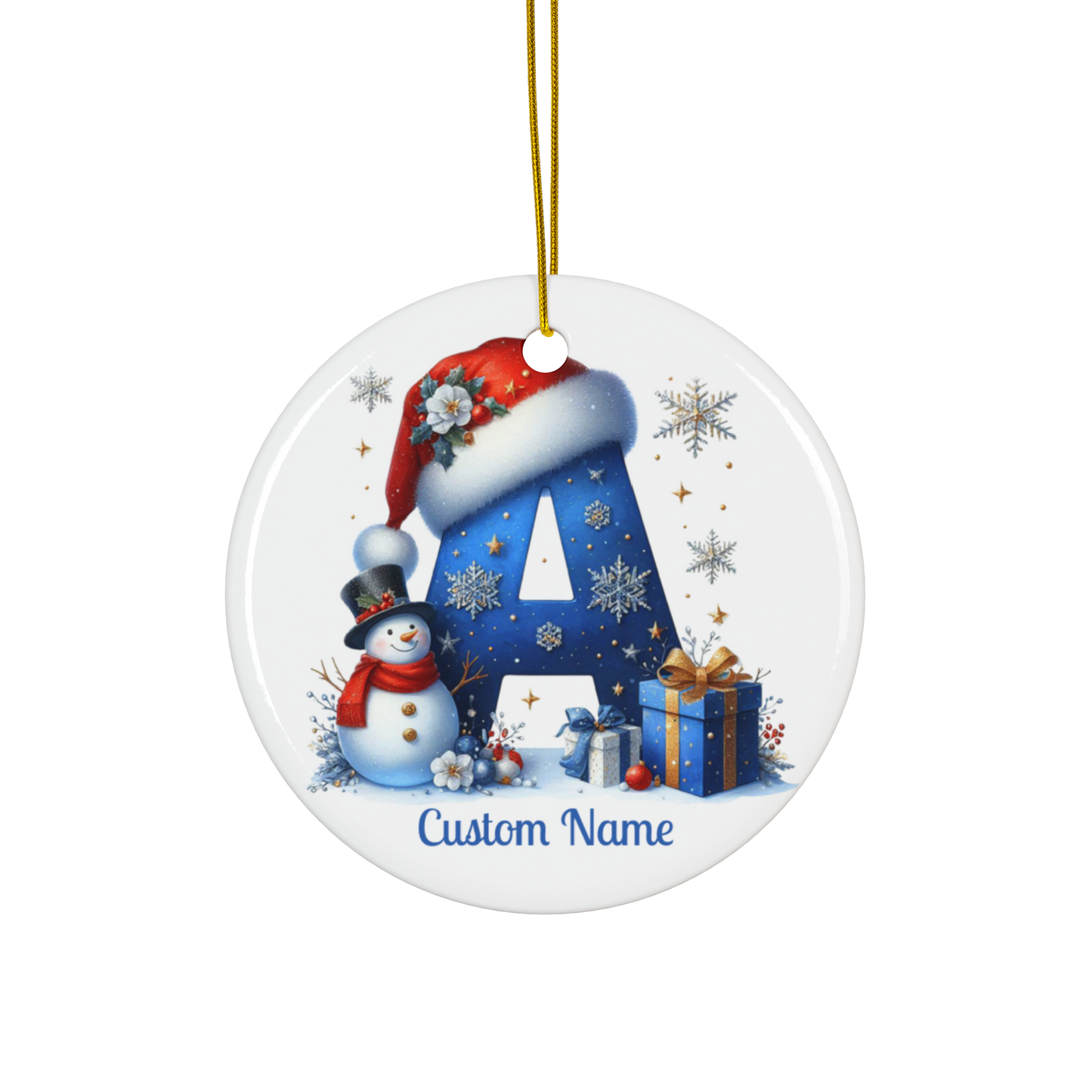 Personalized Photo Name Ornament featuring Letter A with snowman and holiday decorations.