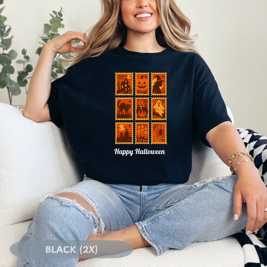 Halloween Postage Stamp Tee, Halloween Stamps Shirt, Stamp T-shirt, Spooky Halloween Tshirt, Gift For Her, Fall Fashion